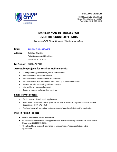 First page of the Email or Mail-In Over-the-Counter Permit Application