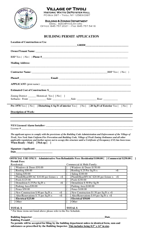 First page of the Building Permit Application