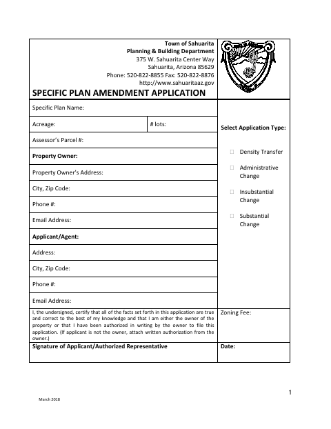 First page of the Specific Plan Amendment Application