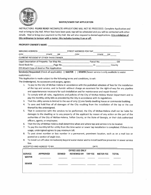 First page of the Water & Sewer Tap Application
