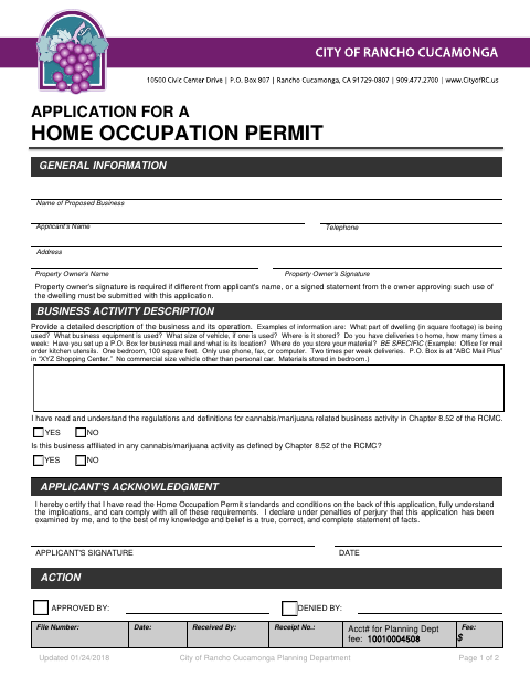 First page of the Application for a Home Occupation Permit