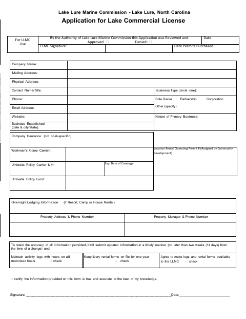 First page of the Application for Lake Commercial License