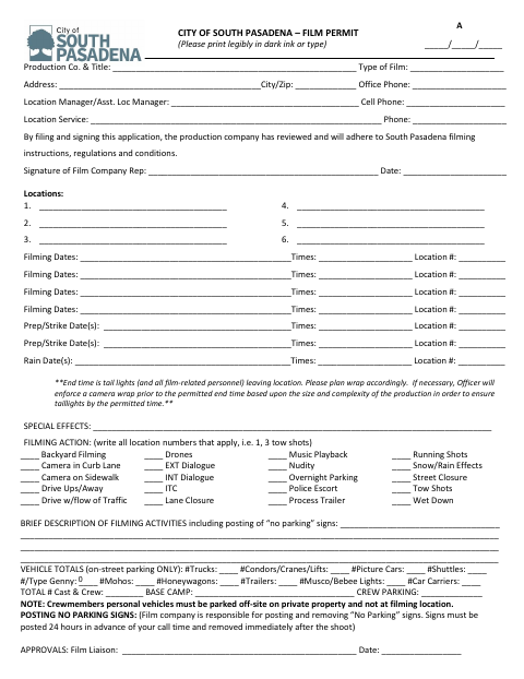 First page of the Film Permit