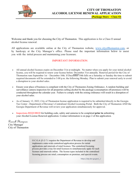 First page of the Class O Package Store Alcohol License Renewal Application