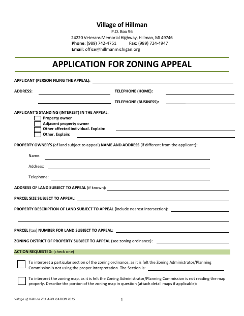 First page of the Application for Zoning Appeal