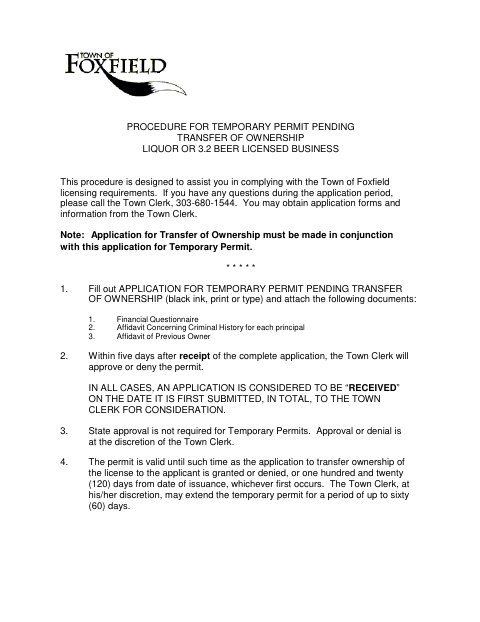 First page of the Temporary Permit Pending Transfer of Ownership