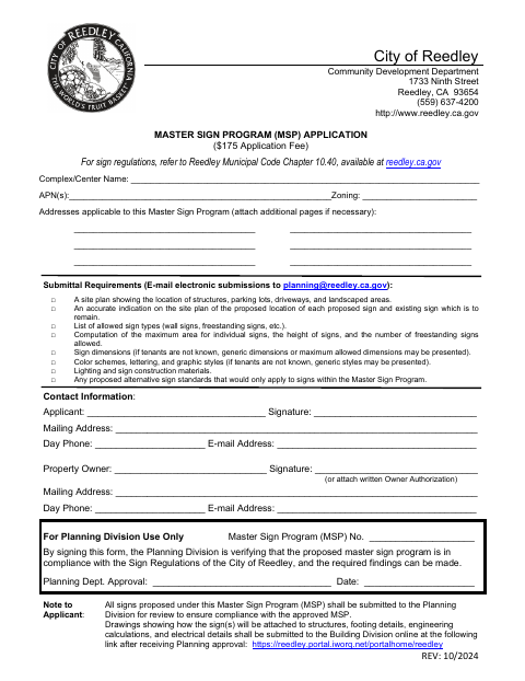 First page of the Master Sign Program Application