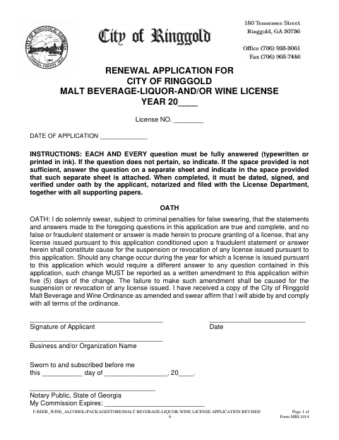 First page of the Alcohol Beverage License Renewal Application