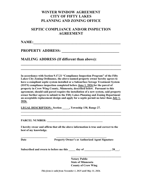 First page of the Winter Window Septic Compliance Agreement