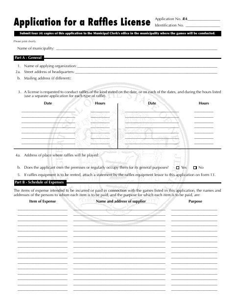 First page of the Raffles License Application