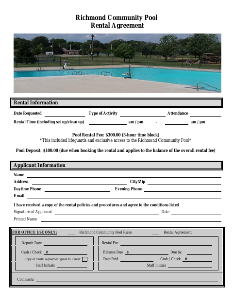 First page of the Community Pool Rental Agreement