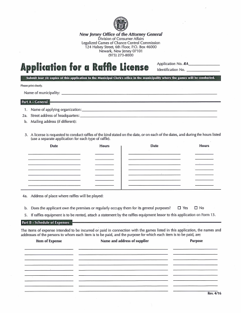 First page of the Raffle License Application