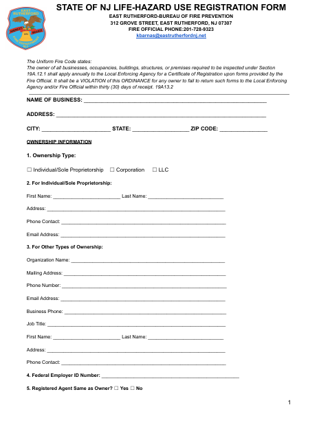 First page of the Life-Hazard Use Registration Form