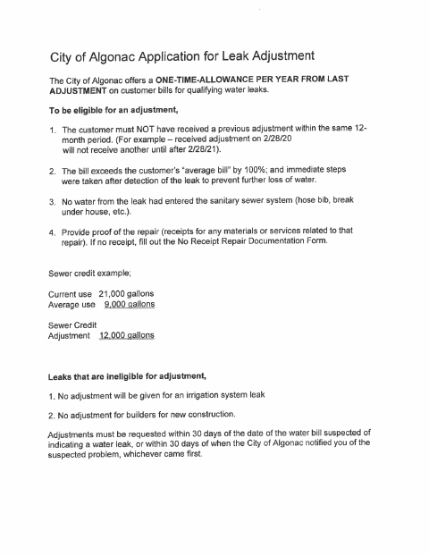 First page of the Water Leak Adjustment Application