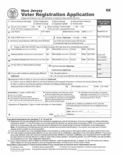 First page of the New Jersey Voter Registration Application (English)