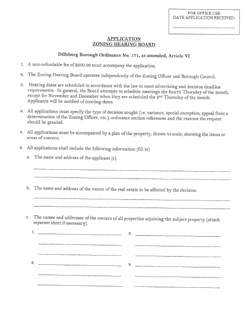 First page of the Zoning Hearing Board Application