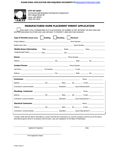 First page of the Manufactured Home Placement Permit Application