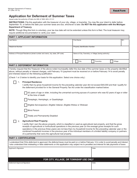 First page of the Application for Deferment of Summer Taxes