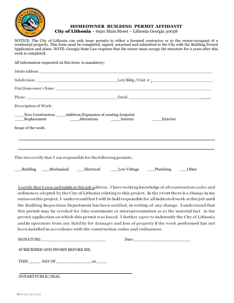 First page of the Homeowner Building Permit Affidavit