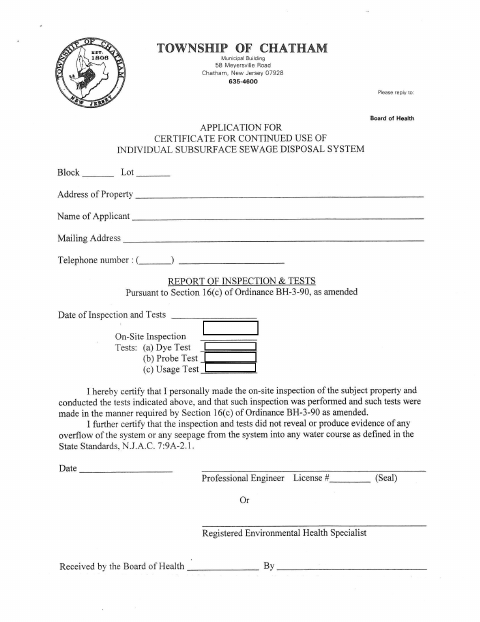 First page of the Certificate of Continued Use of a Septic System Application