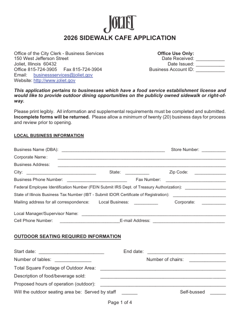 First page of the Sidewalk Cafe Application