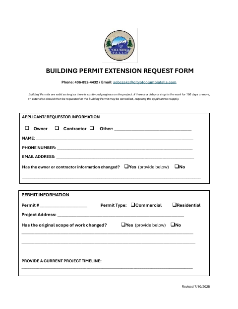 First page of the Building Permit Extension Request Form
