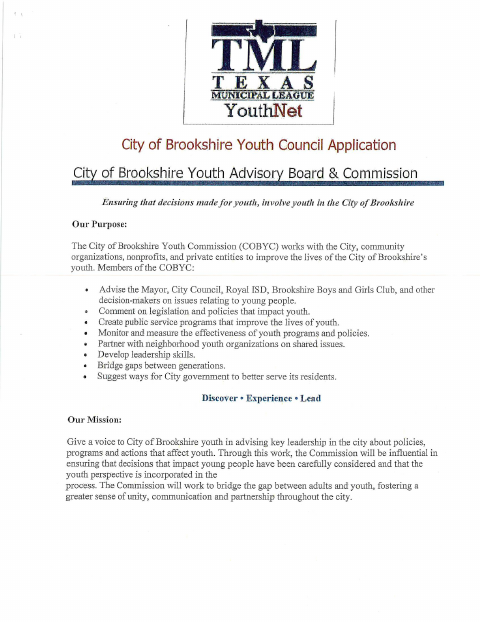 First page of the Youth Advisory Commission Application
