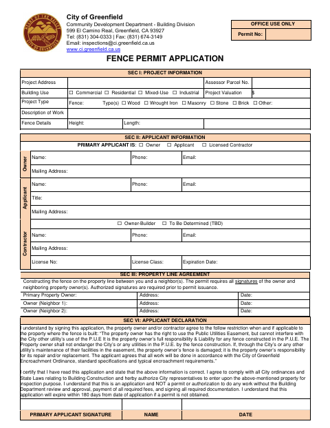 First page of the Fence Permit Application