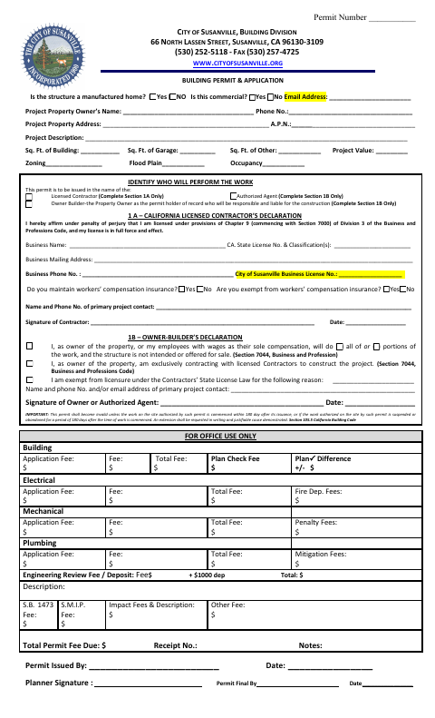 First page of the Building Permit & Application