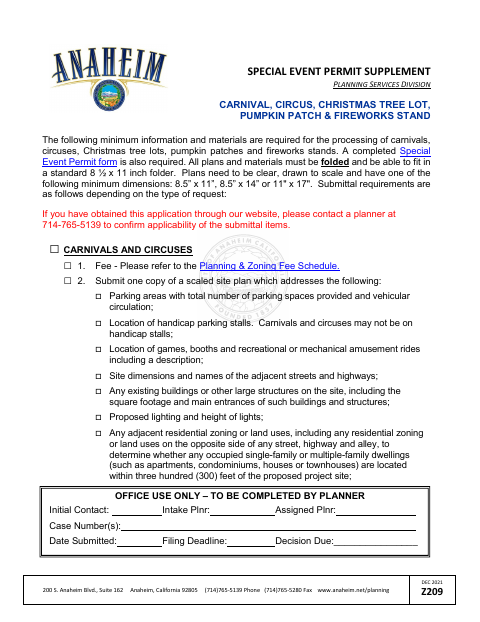 First page of the Special Event Permit Supplement