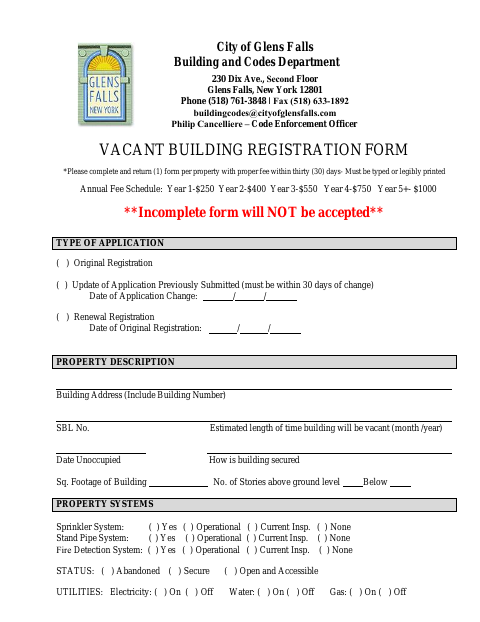 First page of the Vacant Building Registration Form