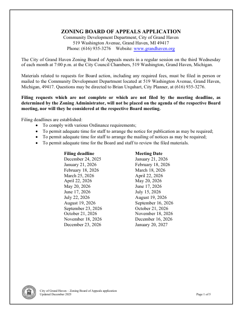 First page of the Zoning Board of Appeals Application