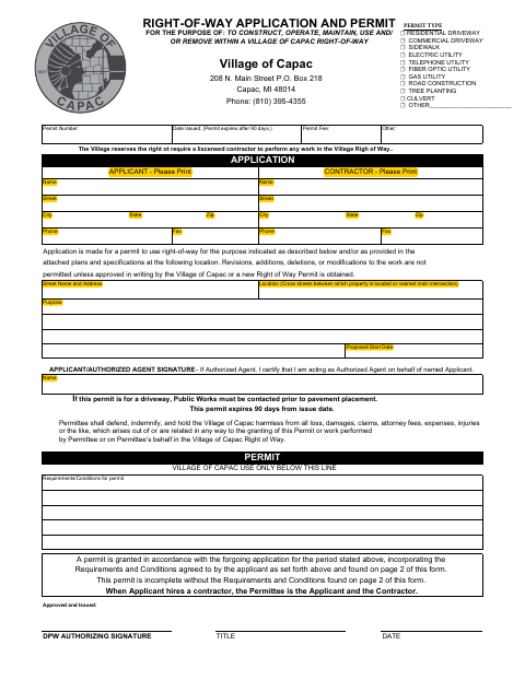 First page of the Right-of-Way Application and Permit