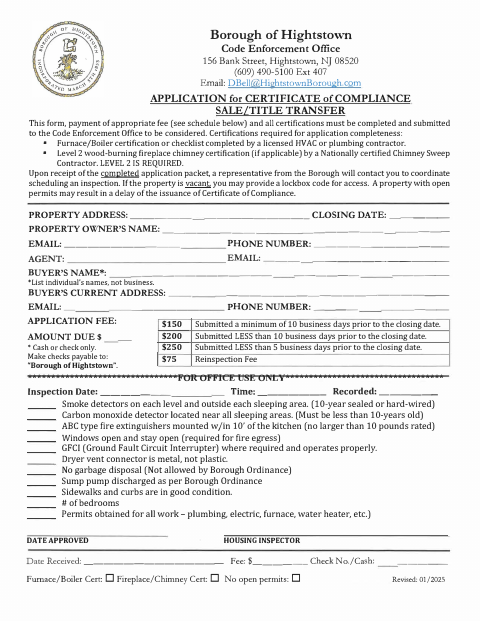 First page of the Application for Certificate of Compliance Sale/Title Transfer