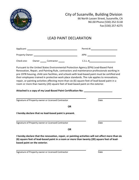 First page of the Lead Paint Declaration