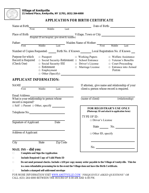 First page of the Application for Birth Certificate