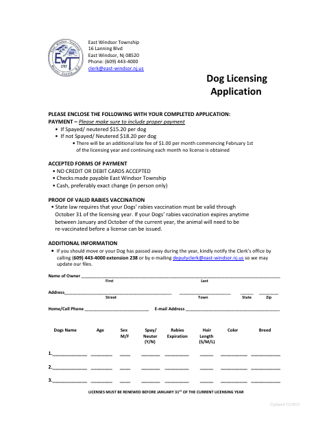 First page of the Dog Licensing Application