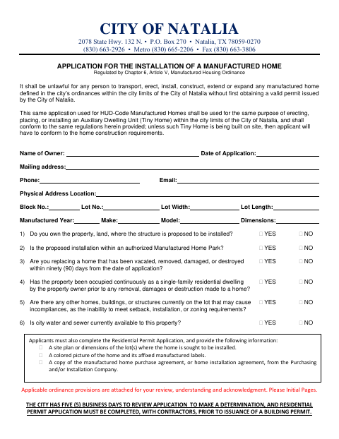 First page of the Application for the Installation of a Manufactured Home