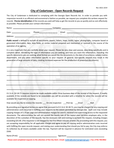 First page of the Open Records Request Form
