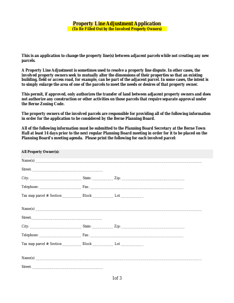 First page of the Lot Line Adjustment Application Form