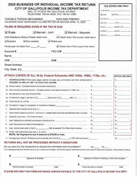 First page of the 2025 Business or Individual Income Tax Return