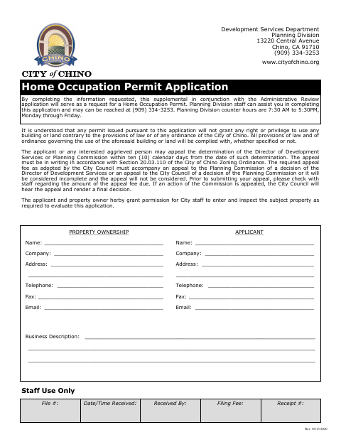 First page of the Home Occupation Permit Application