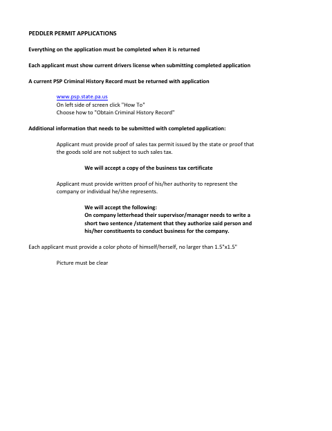 First page of the Peddler Permit Application