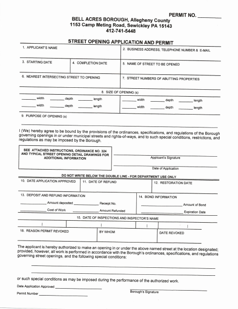 First page of the Street Opening Application and Permit