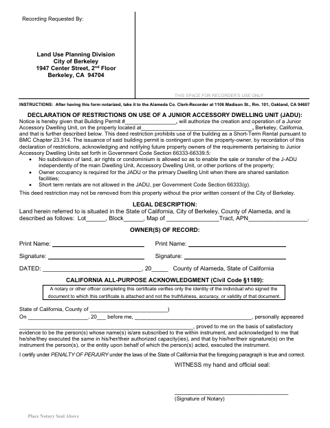 First page of the Junior ADU Notice of Limitation Deed Restriction