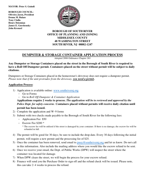 First page of the Roll-Off Dumpster and Container Permit Application