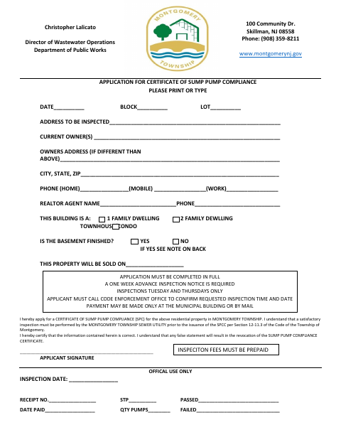 First page of the Application for Certificate of Sump Pump Compliance