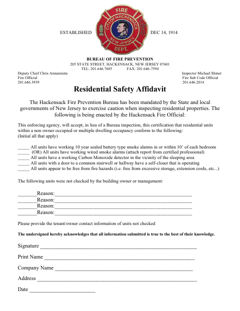 First page of the Residential Safety Affidavit