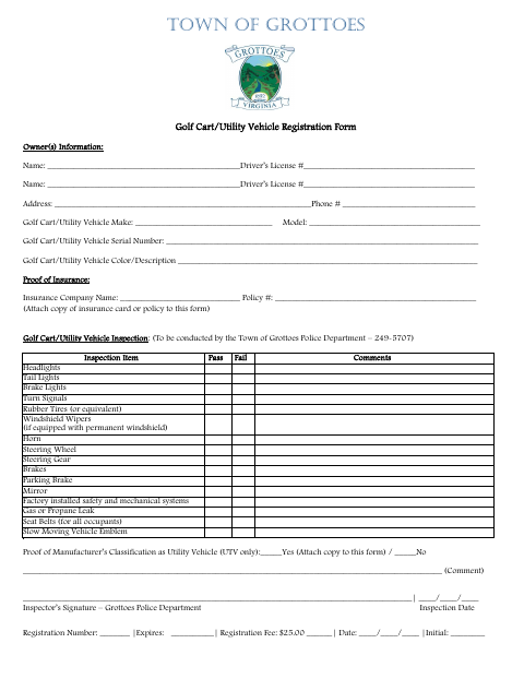 First page of the Golf Cart/Utility Vehicle Registration Form