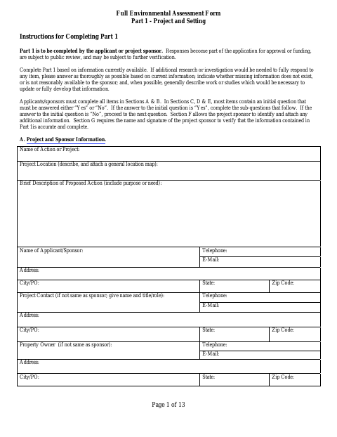 First page of the Full Environmental Assessment Form Part 1 - Project and Setting